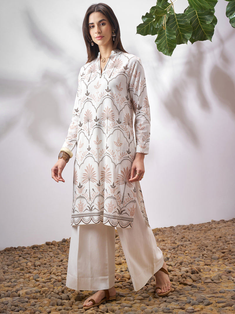 Vara By Vishudh Women Tan Printed Straight Kurta - Tan - Image 1