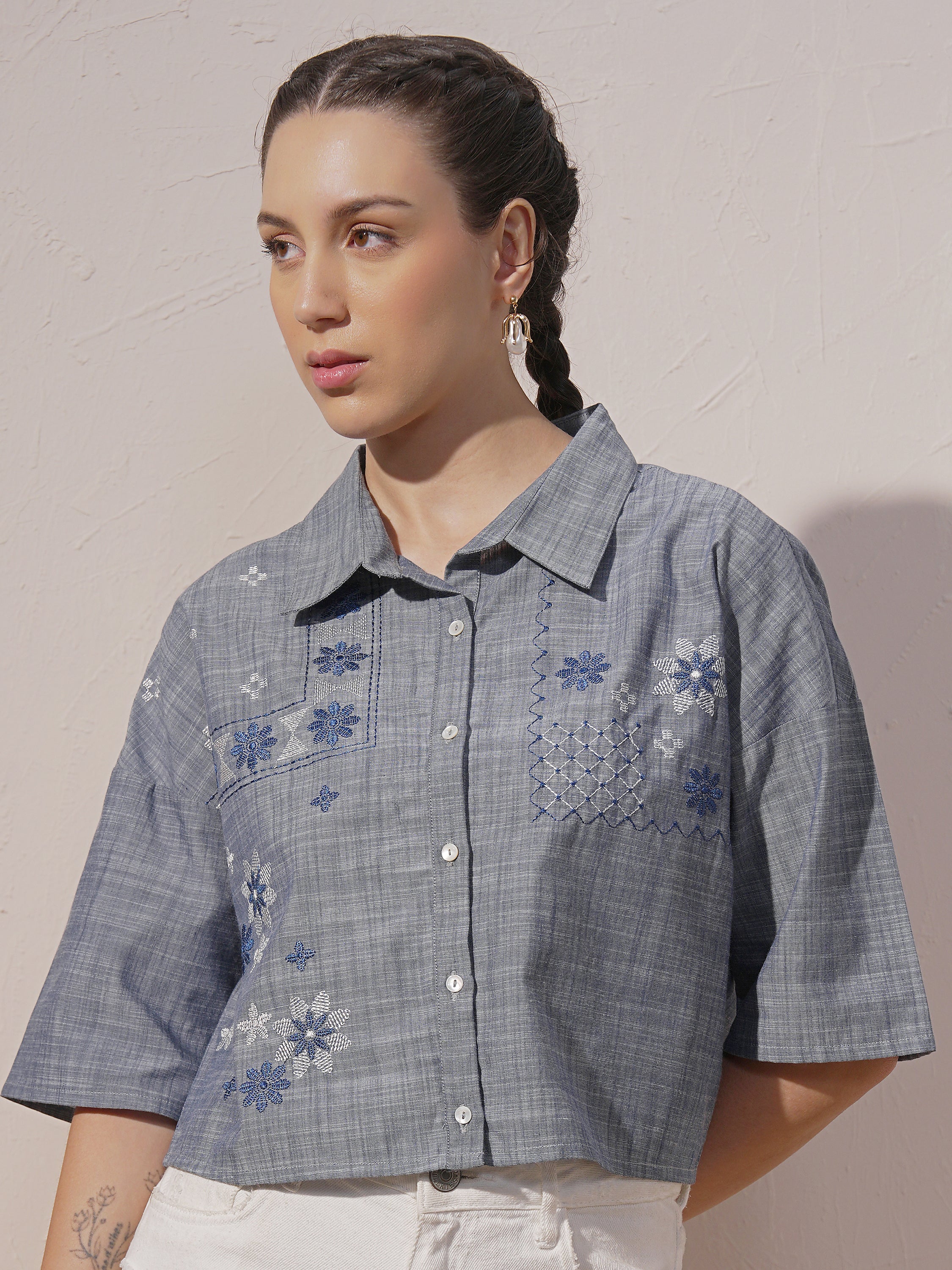 Vara By Vishudh Women Blue Embroidered Boxy Fit Casual Shirt - Blue - Image 1