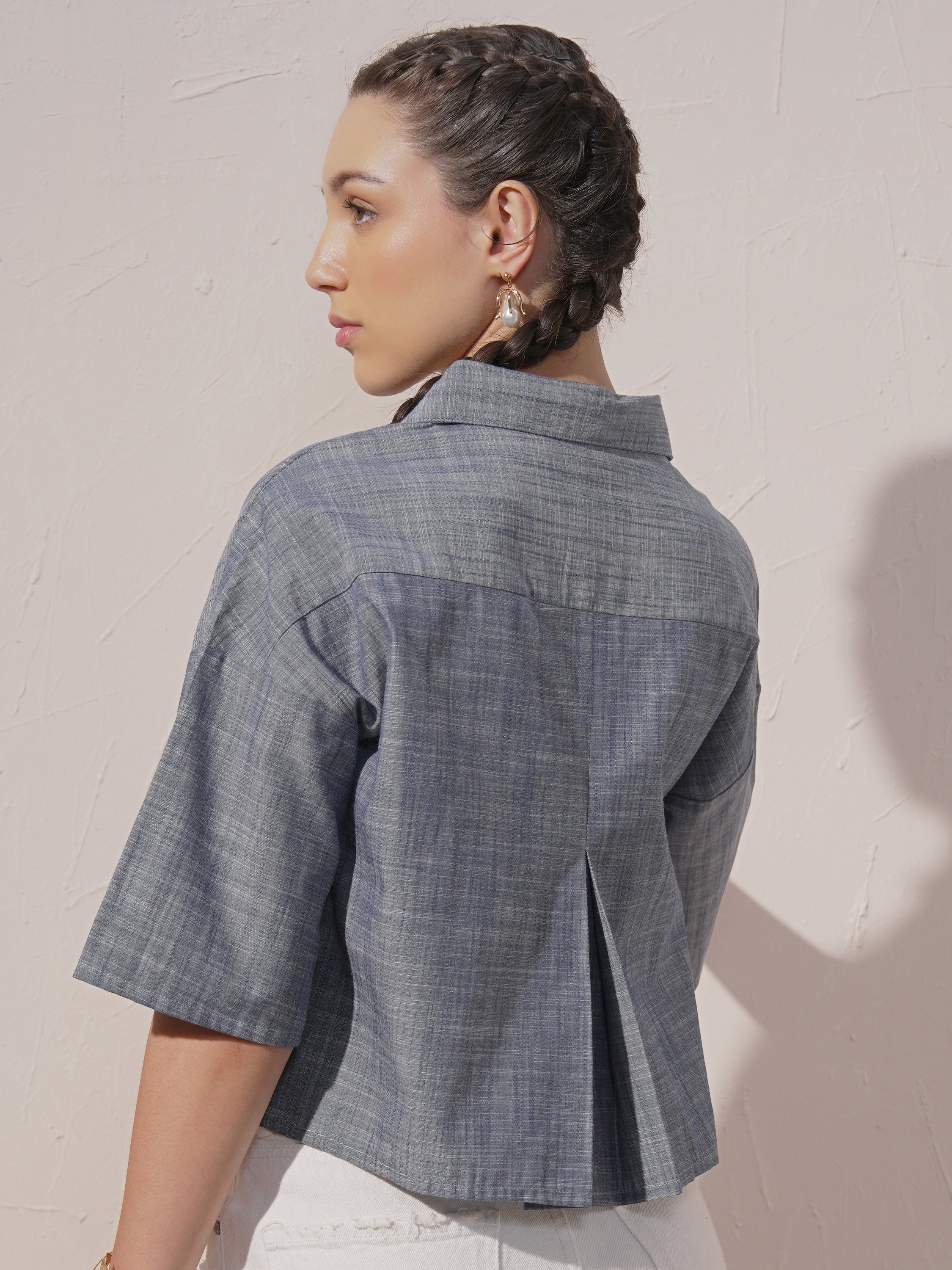 Vara By Vishudh Women Blue Embroidered Boxy Fit Casual Shirt - Blue - Image 3