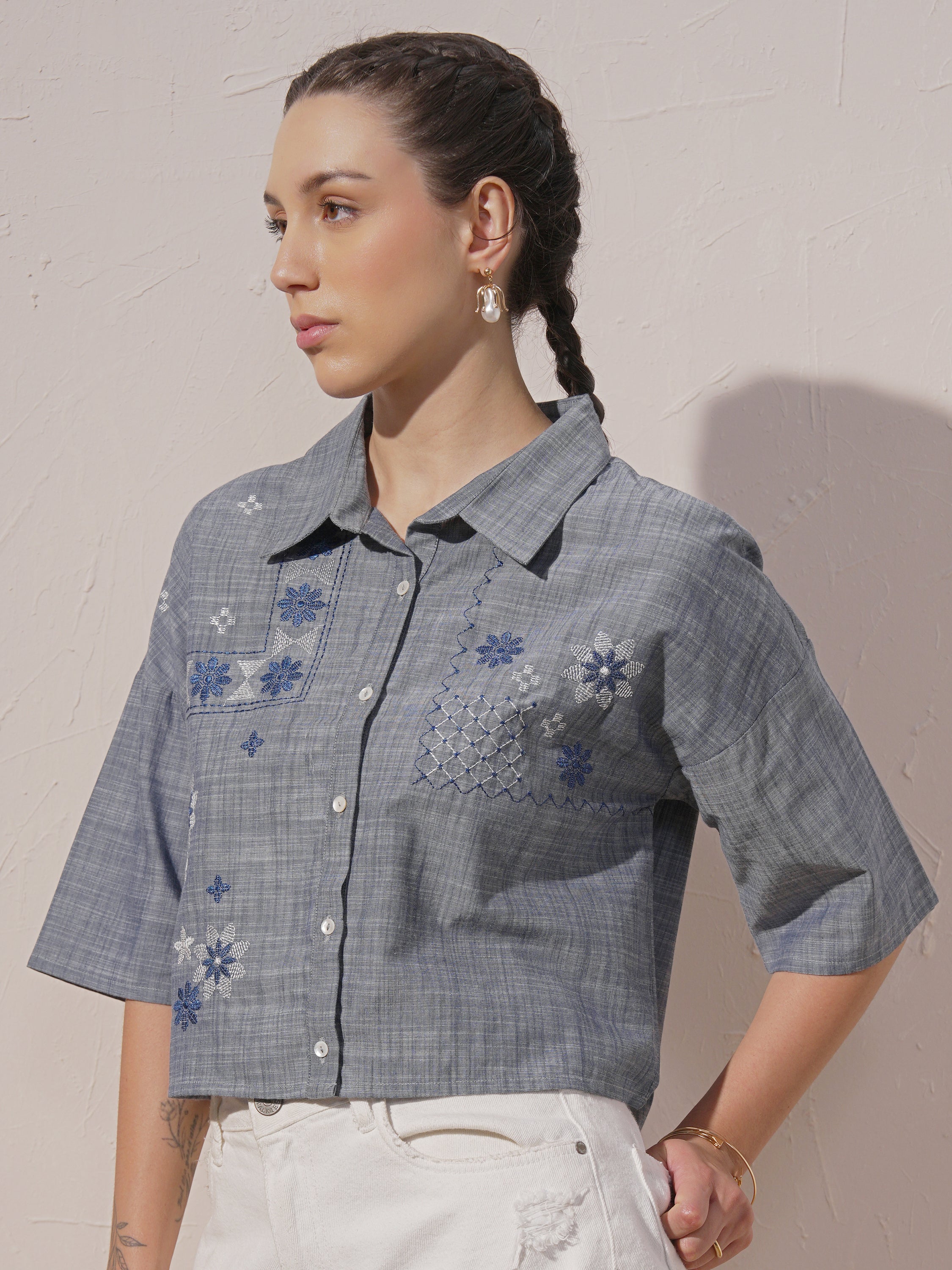 Vara By Vishudh Women Blue Embroidered Boxy Fit Casual Shirt - Blue - Image 4