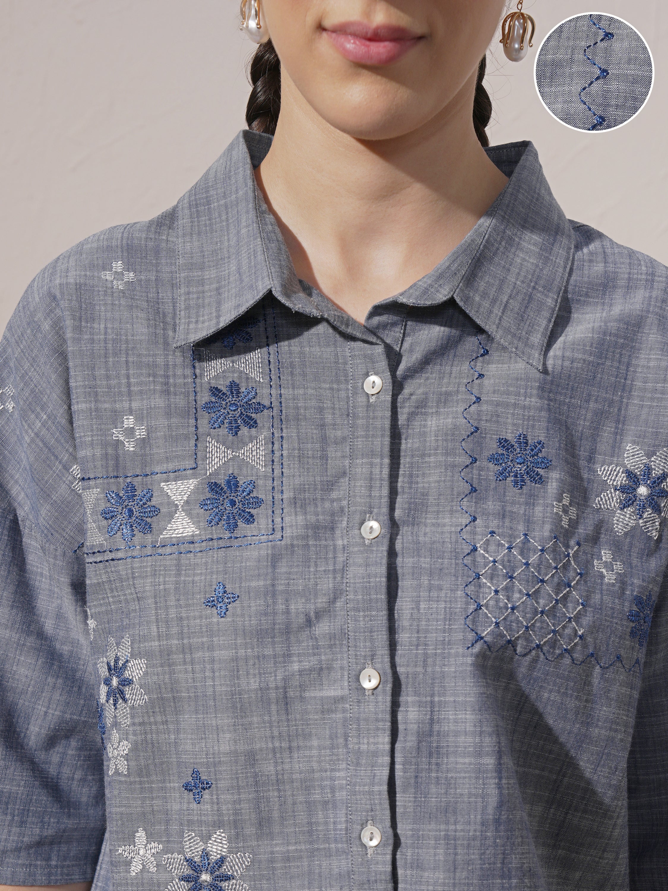 Vara By Vishudh Women Blue Embroidered Boxy Fit Casual Shirt - Blue - Image 5