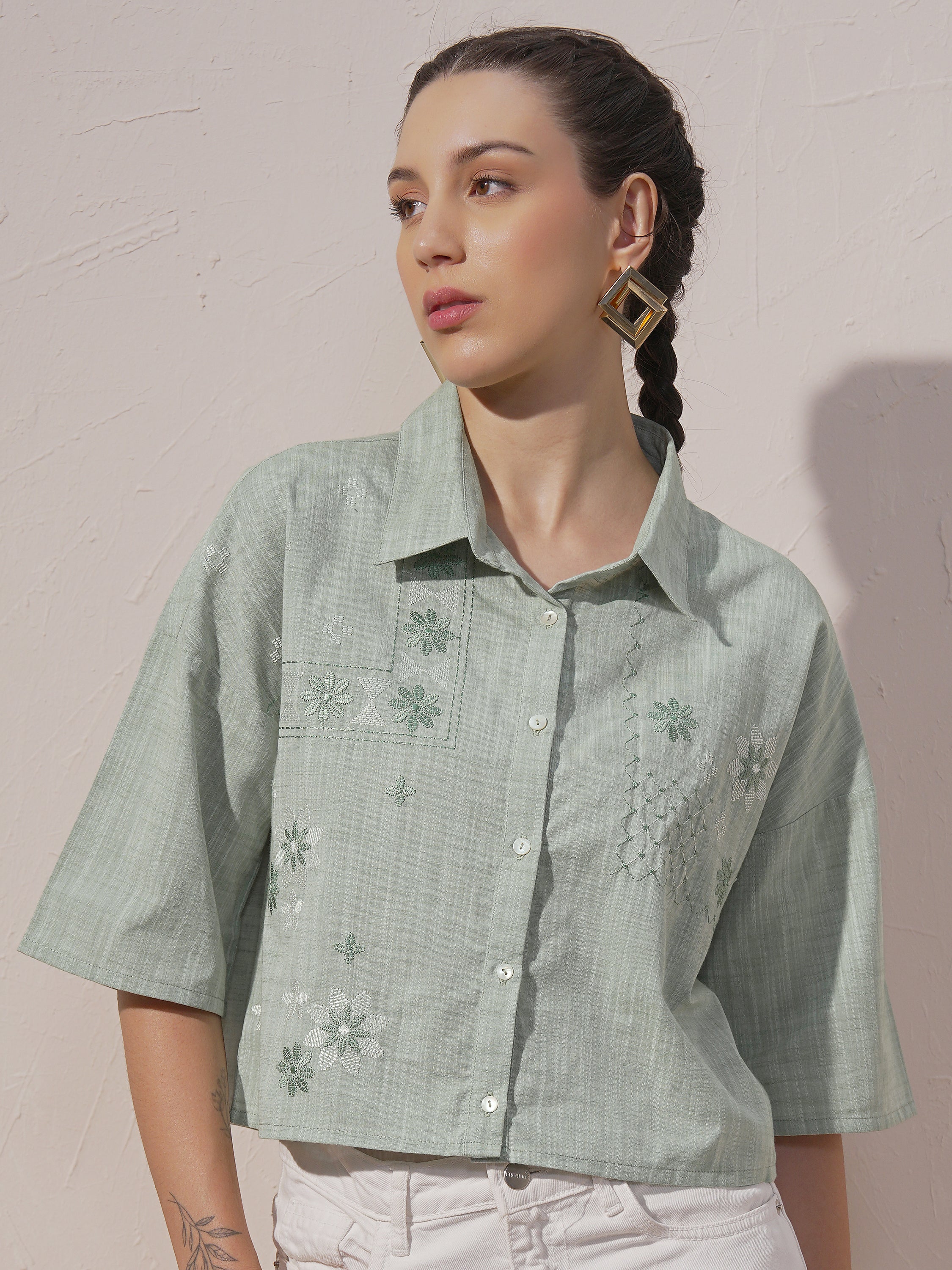 Vara By Vishudh Women Green Embroidered Casual Shirt - Green - Image 1