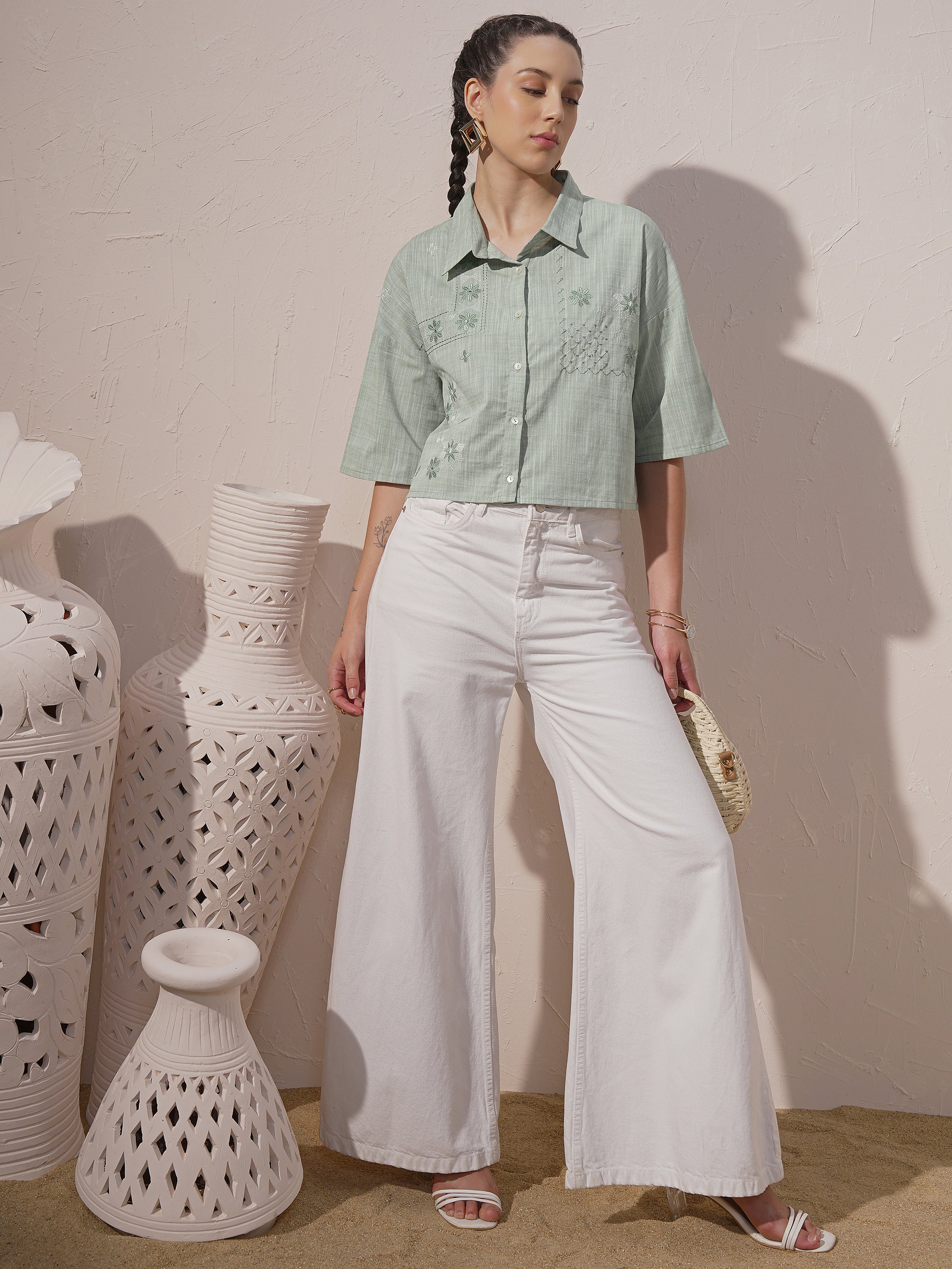 Vara By Vishudh Women Green Embroidered Casual Shirt - Green - Image 2