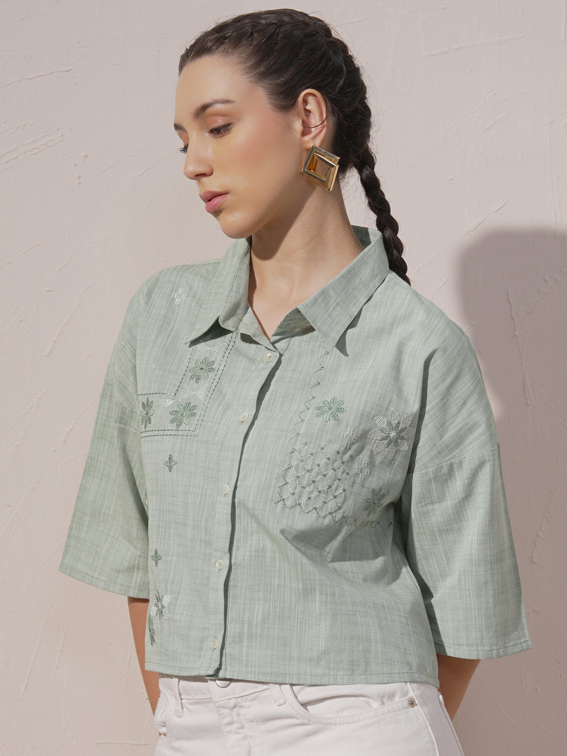 Vara By Vishudh Women Green Embroidered Casual Shirt - Green - Image 4