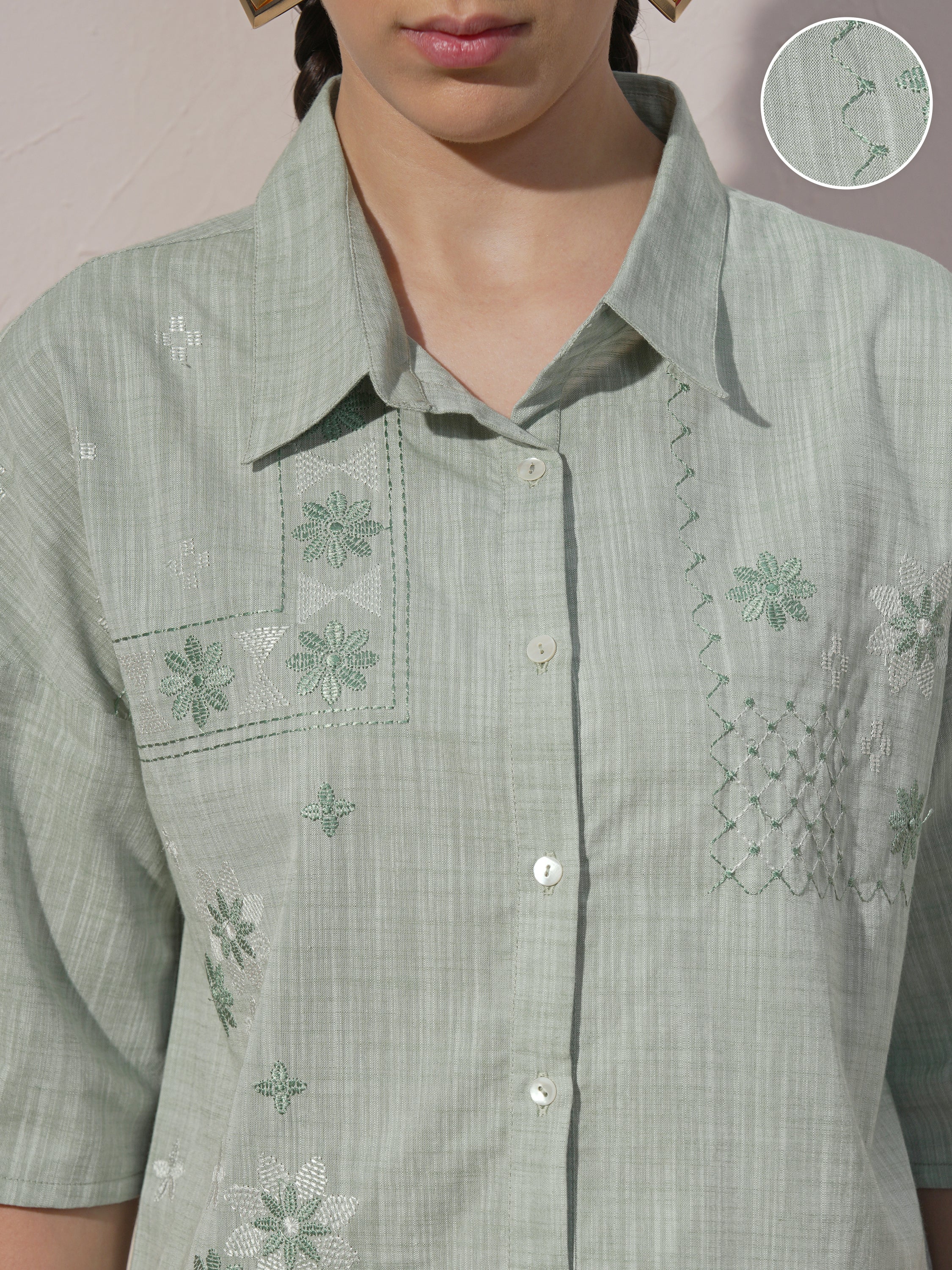 Vara By Vishudh Women Green Embroidered Casual Shirt - Green - Image 5