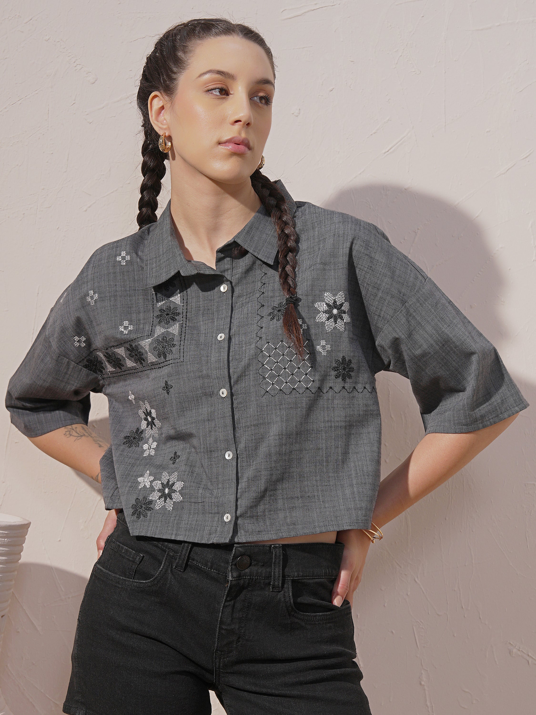 Vara By Vishudh Women Black Embroidered Casual Shirt - Black - Image 1