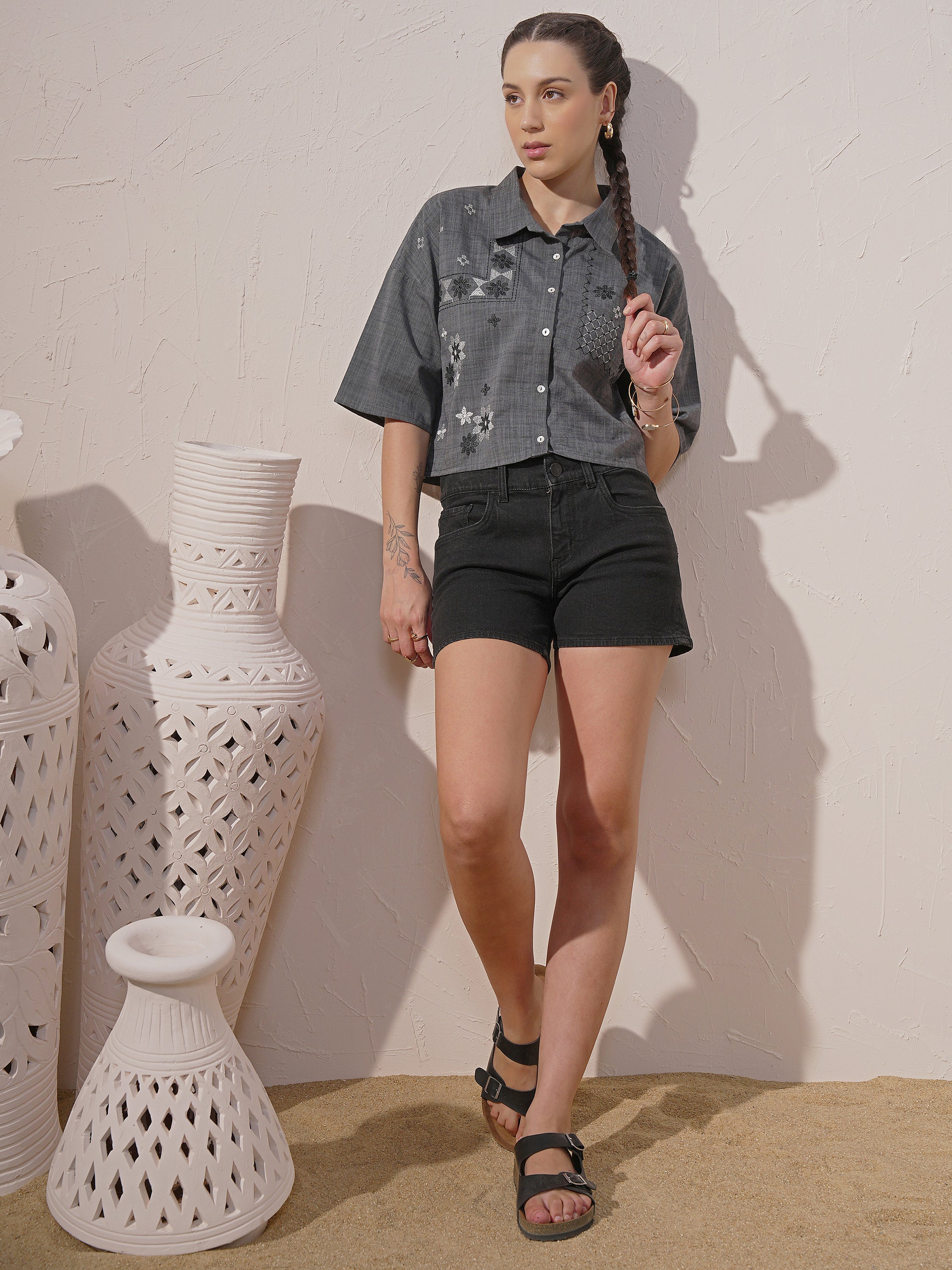 Vara By Vishudh Women Black Embroidered Casual Shirt - Black - Image 2