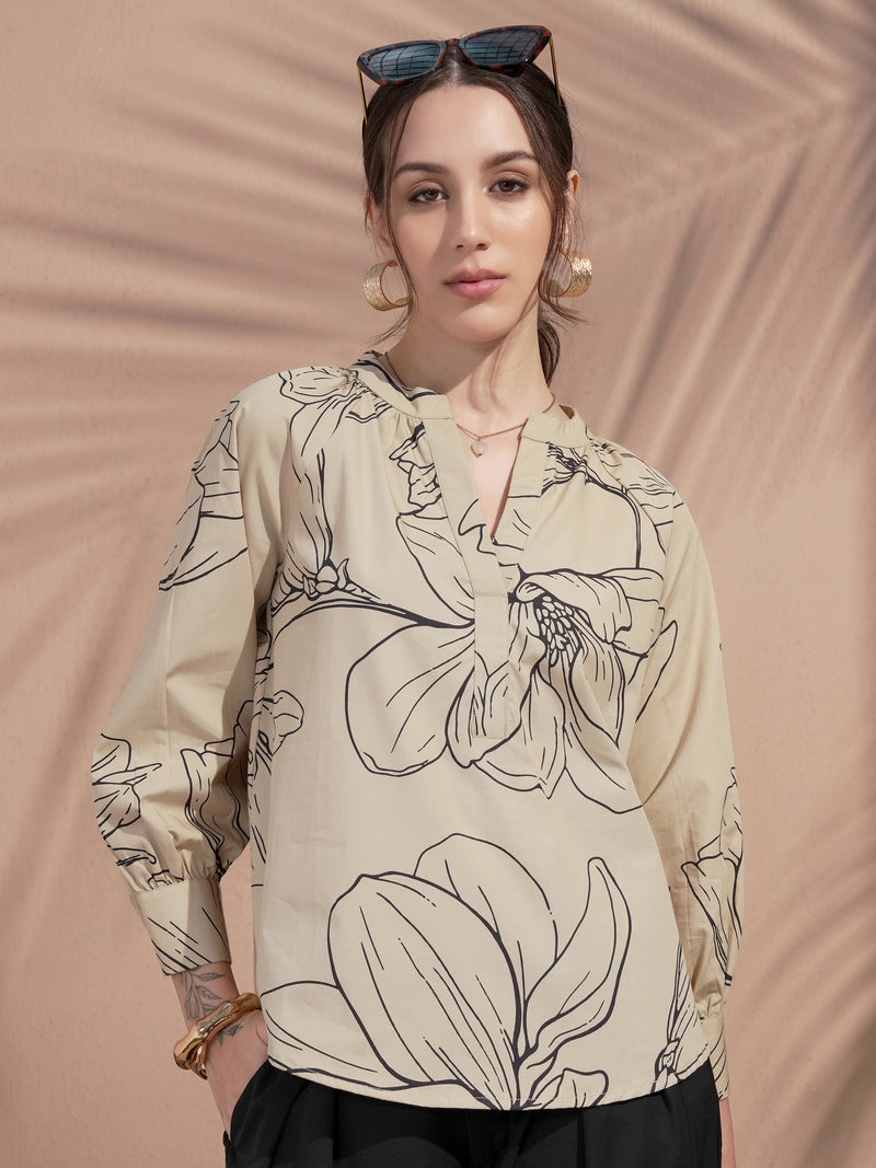 Vara By Vishudh Women Tan Printed Top - Tan - Image 1