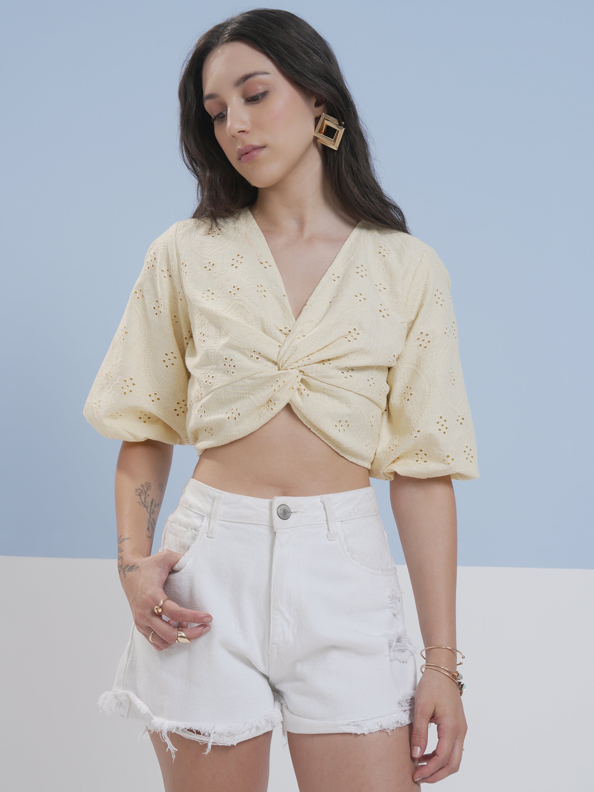 Vara By Vishudh Women Yellow Embroidered Top - Yellow - Image 1