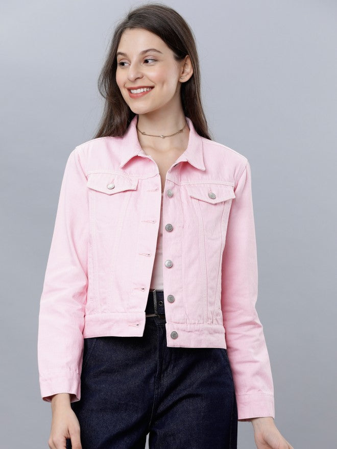 Baby Pink Regular Fit Denim Jacket - Pink - Image 1