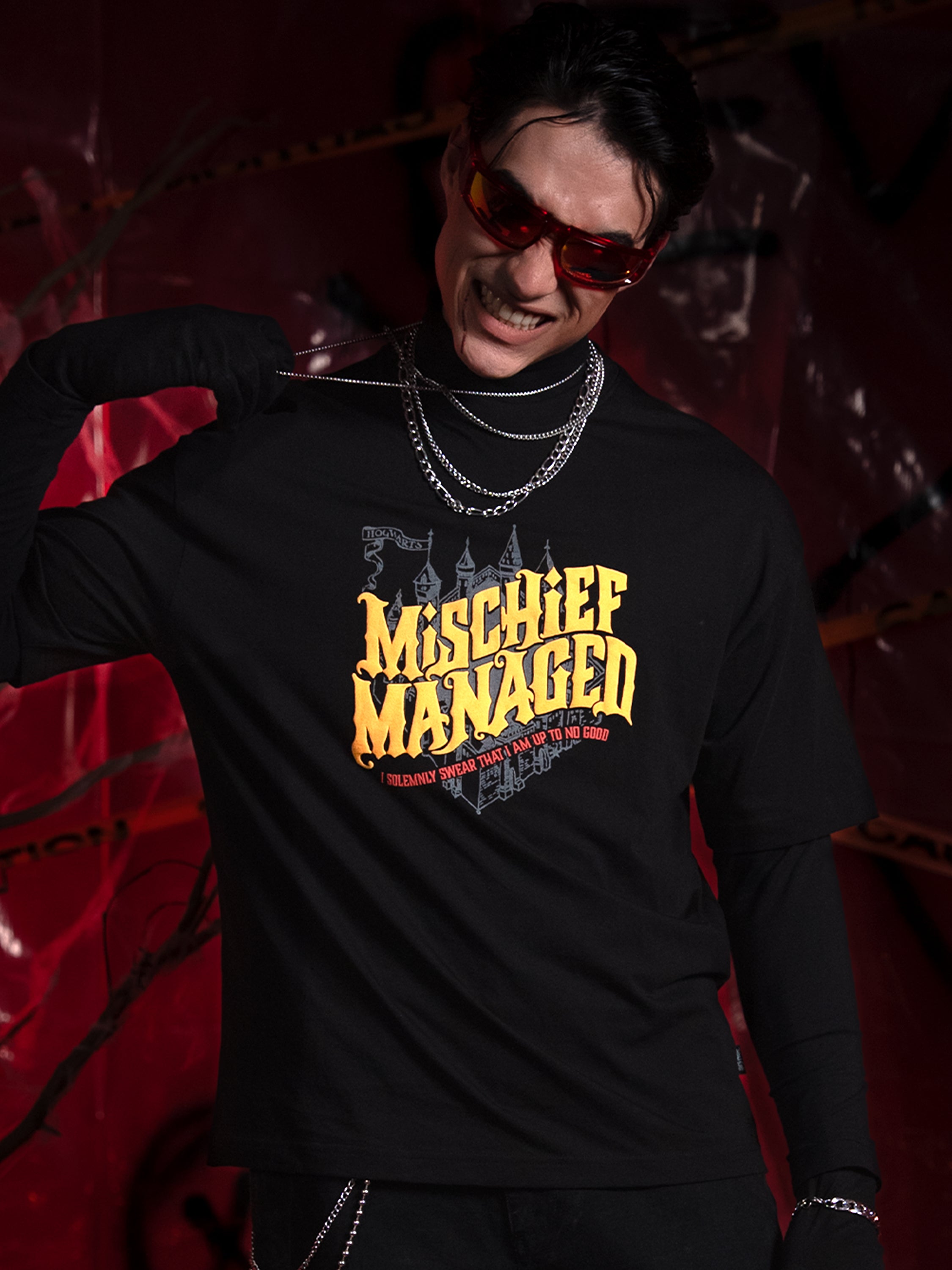 WB By Highlander Men Black Harry Potter Printed Round Neck Oversized Fit T-Shirt - Black - Image 1